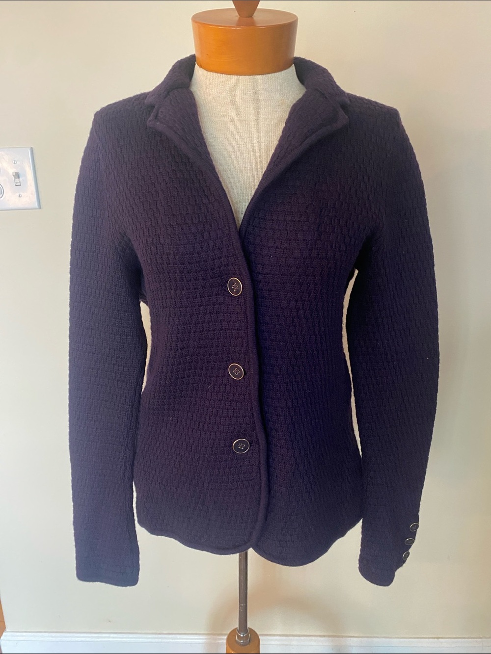 Talbots Pure Merino Wool Sweater Jacket Soft Mid-Weight Tile Knit Dark Purple M
